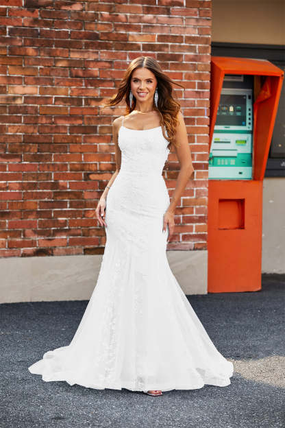 Leely Women White Mermaid Lace Long Wedding Dress Spaghetti Straps Bridal Dress