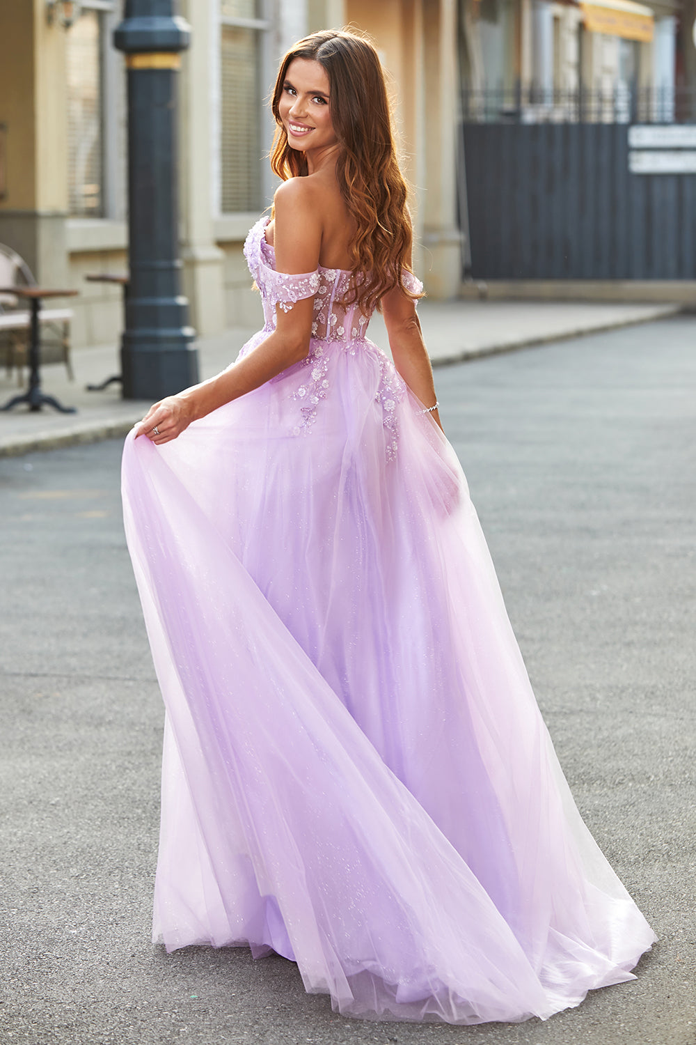 Lilac A Line Off The Shoulder Beaded Long Corset Prom Dress With Slit