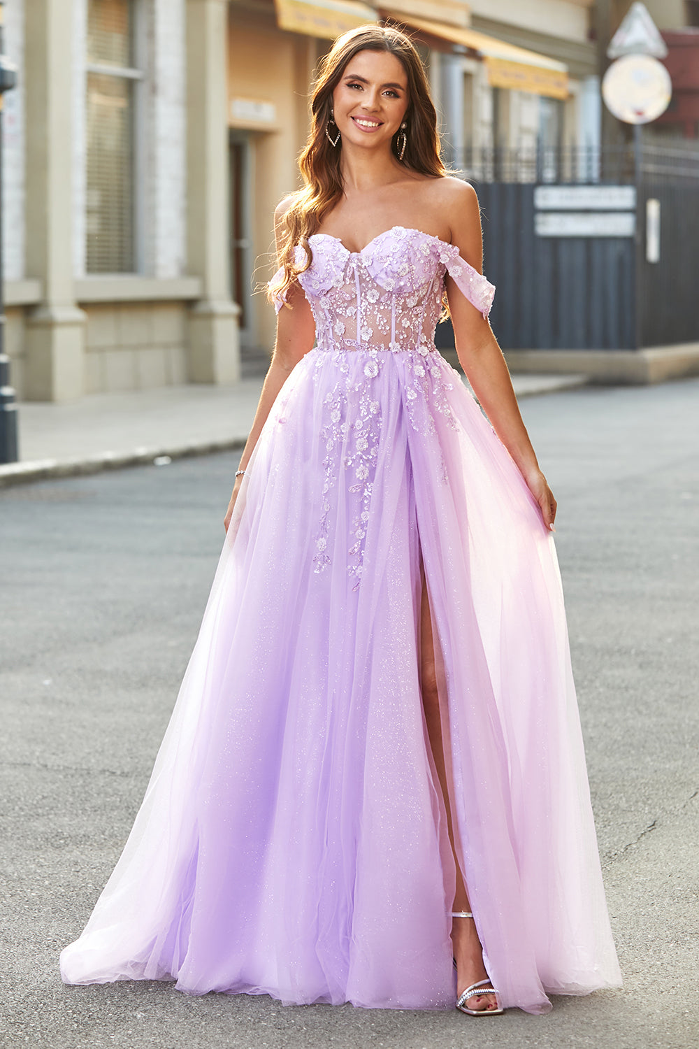 Leely Women Lilac Long Corset Prom Dress With Slit A Line Off The Shoulder Beaded Formal Dress