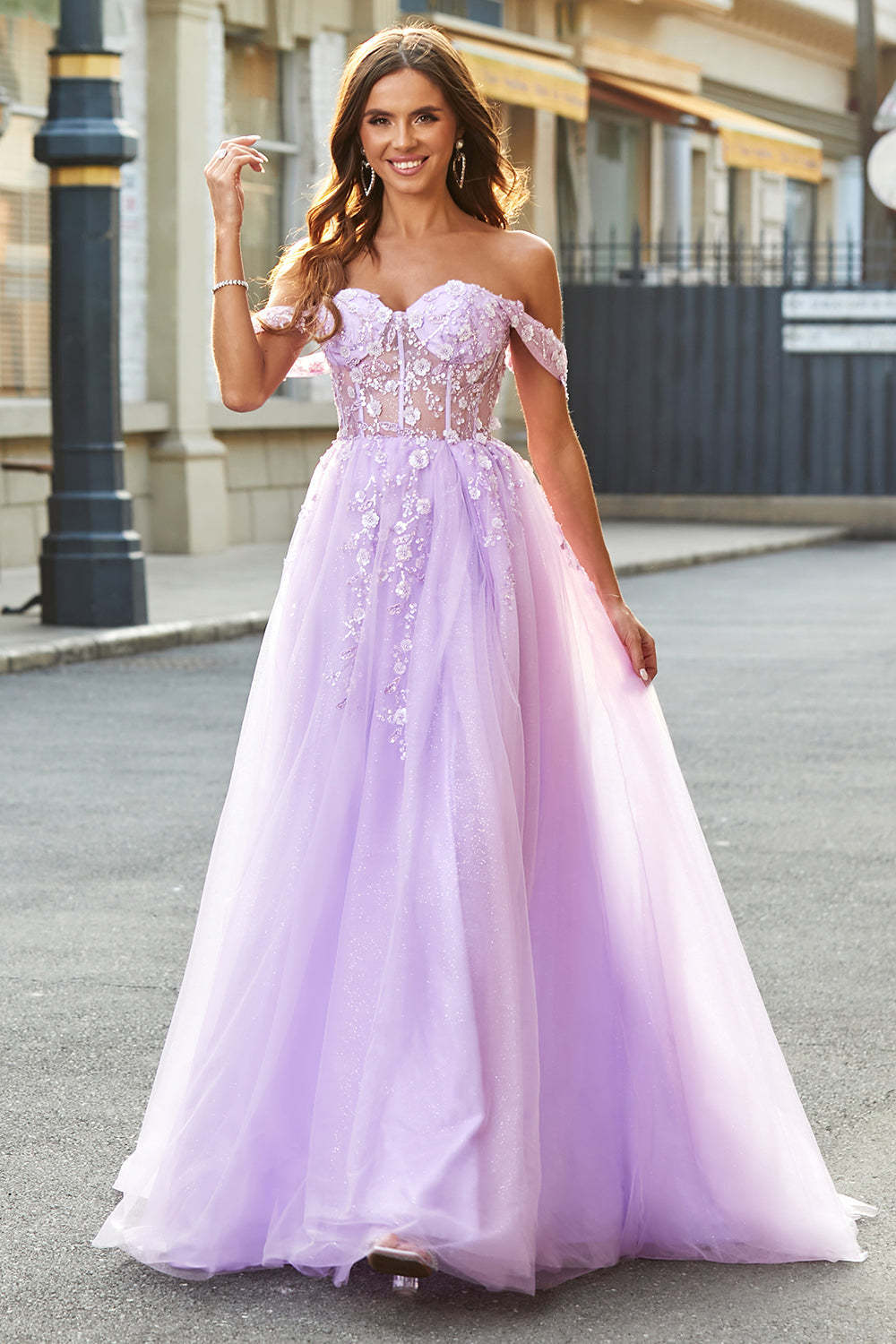 Lilac A Line Off The Shoulder Beaded Long Corset Prom Dress With Slit
