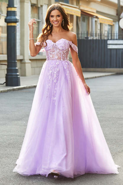 Lilac A Line Off The Shoulder Beaded Long Corset Prom Dress With Slit
