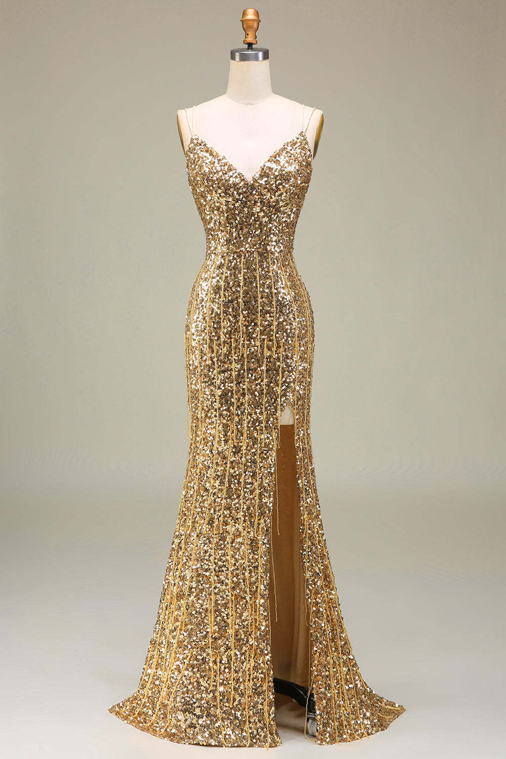 Leely Women Sparkly Golden Long Prom Dress with Slit Mermaid Sequins Party Dress