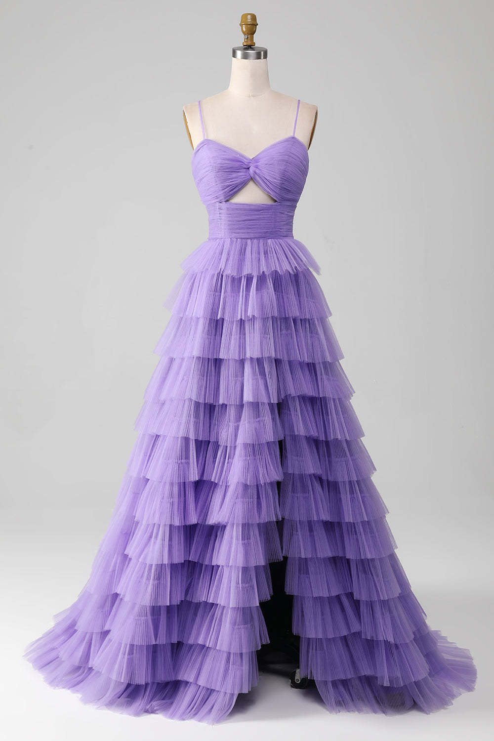 Leely Women Purple Tulle A-Line Tiered Long Prom Dress with Slit Spaghetti Straps Cut Out Formal Dress