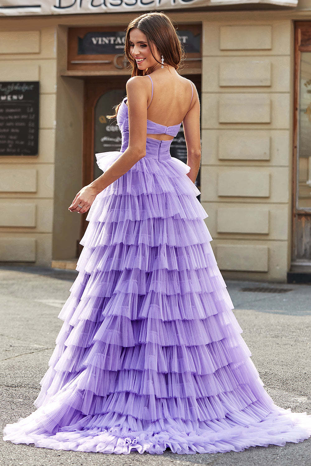 Purple A Line Tulle Long Tiered Prom Dress With Slit
