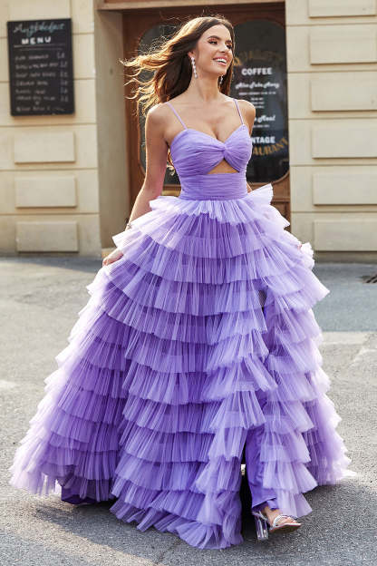 Purple A Line Tulle Long Tiered Prom Dress With Slit