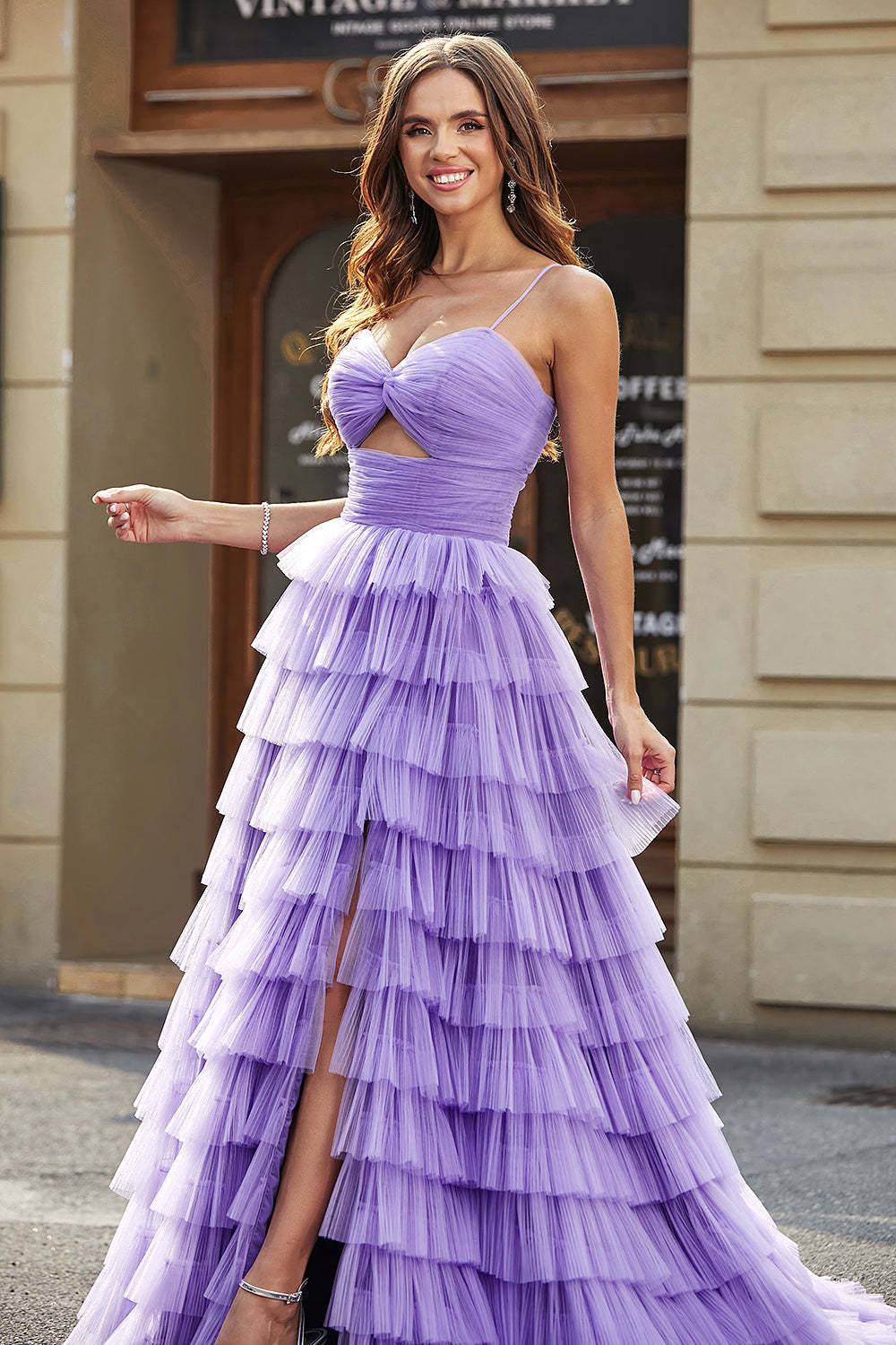 Purple A Line Tulle Long Tiered Prom Dress With Slit