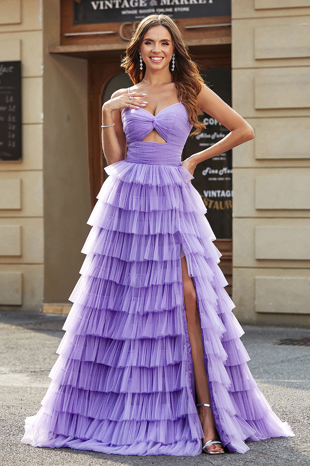 Leely Women Purple Long Tiered Prom Dress With Slit A Line Tulle Evening Dress
