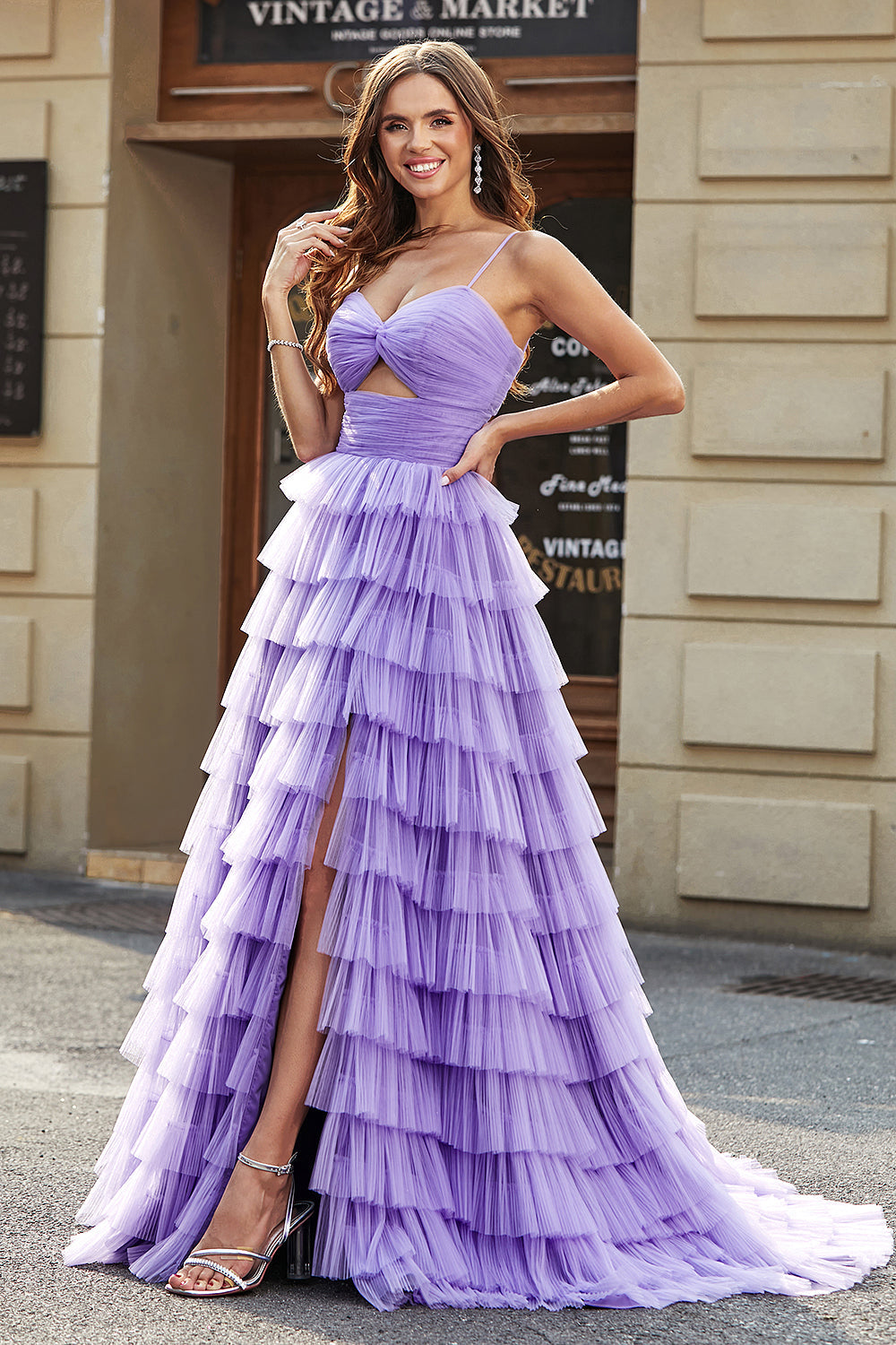 Purple A Line Tulle Long Tiered Prom Dress With Slit
