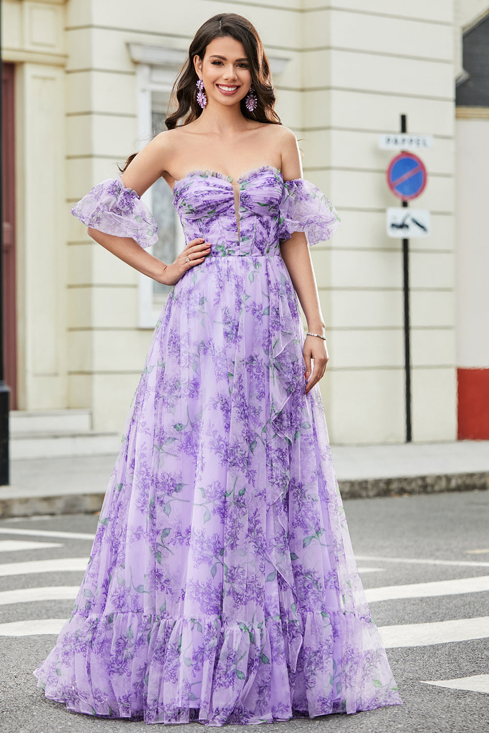 Leely Women Lavender Printed A line Prom Dress with Removable Sleeves Strapless Party Dress with Slit