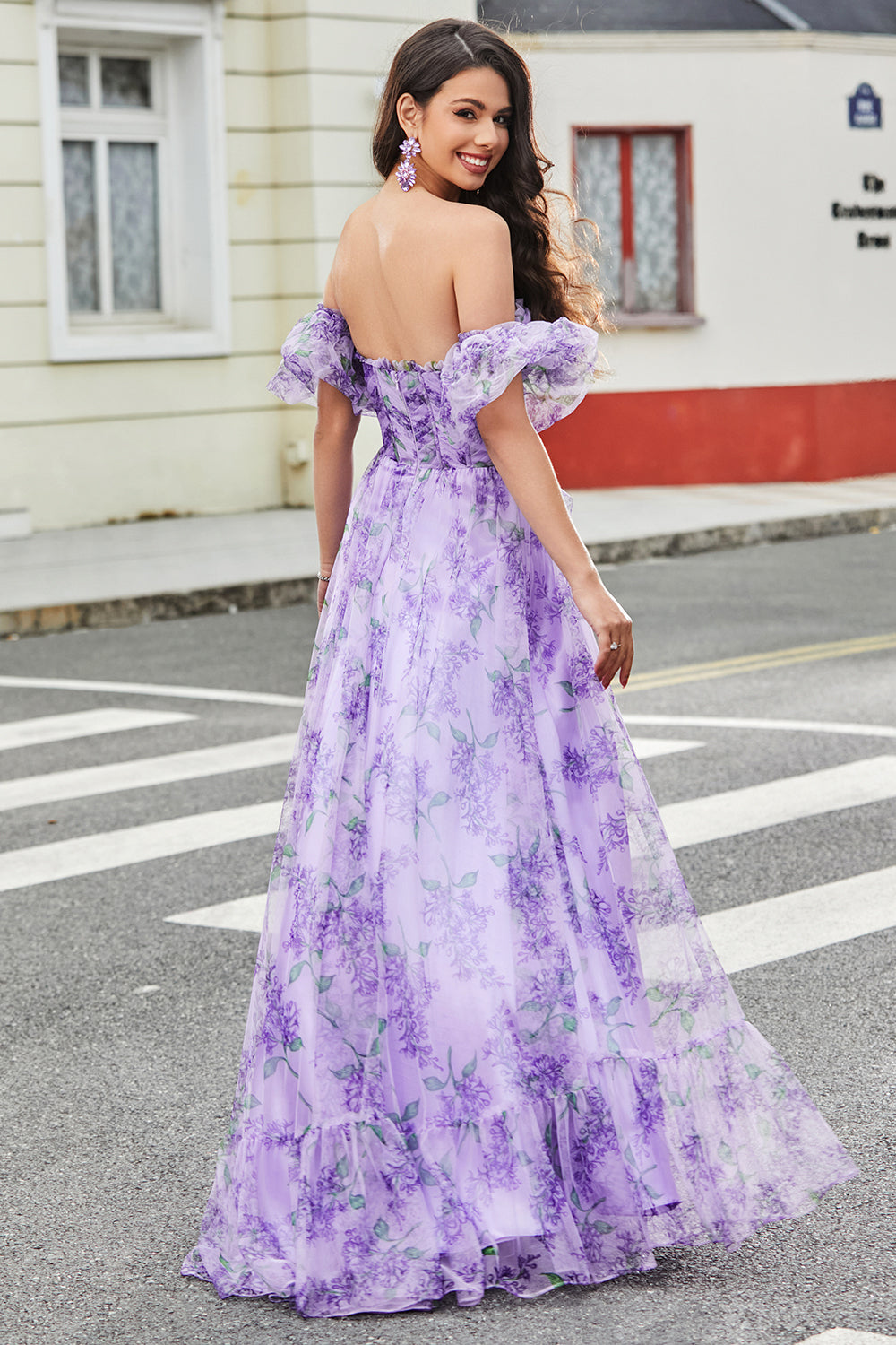 Laveender Printed A line Prom Dress with Removable Sleeves