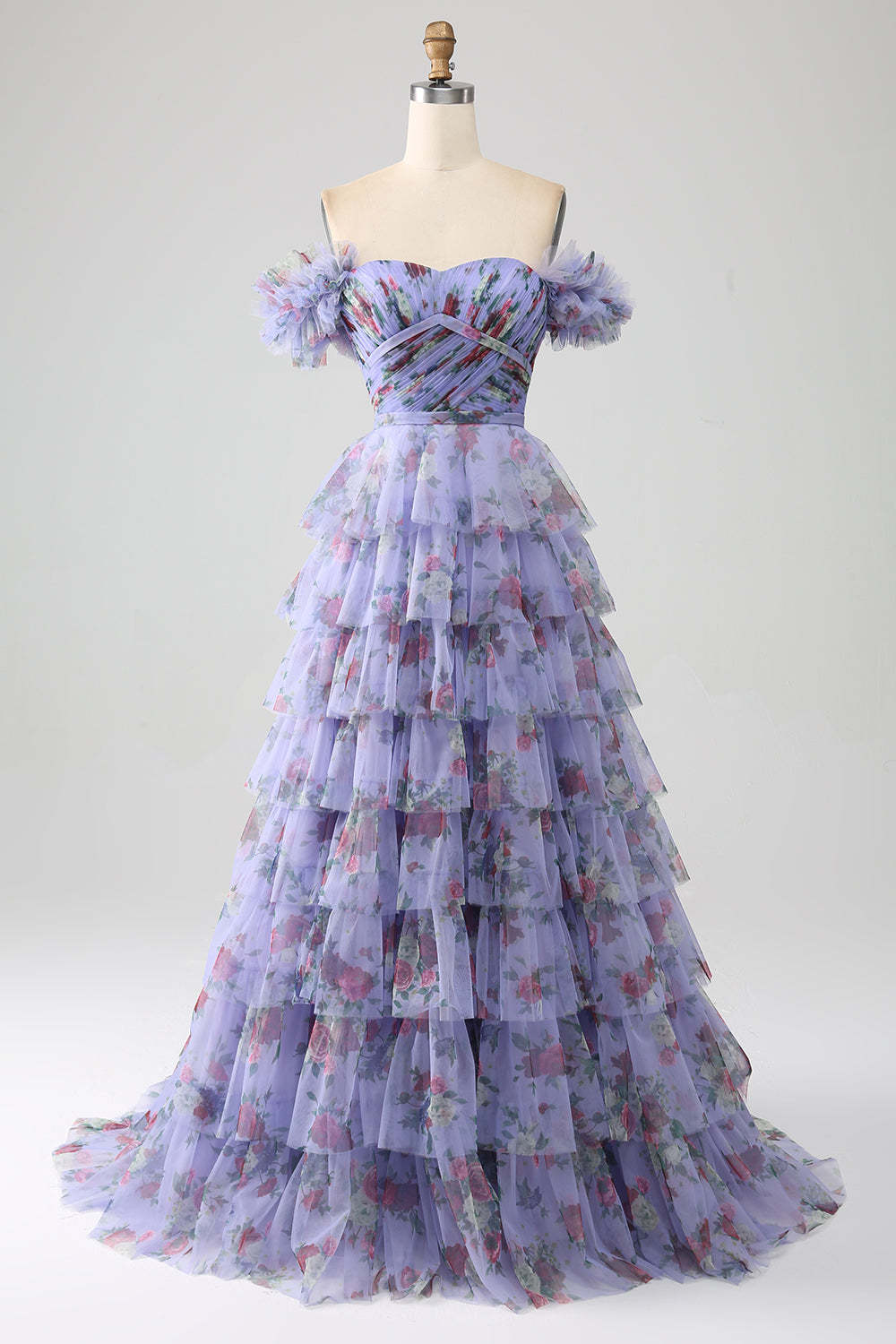 Leely Women Off the Shoulder Floral Printed Tiered Prom Dress with Pleated A Line Tulle Formal Dress