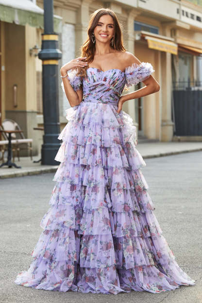 Lavender A Line Off the Shoulder Printed Long Prom Dress With Ruffles