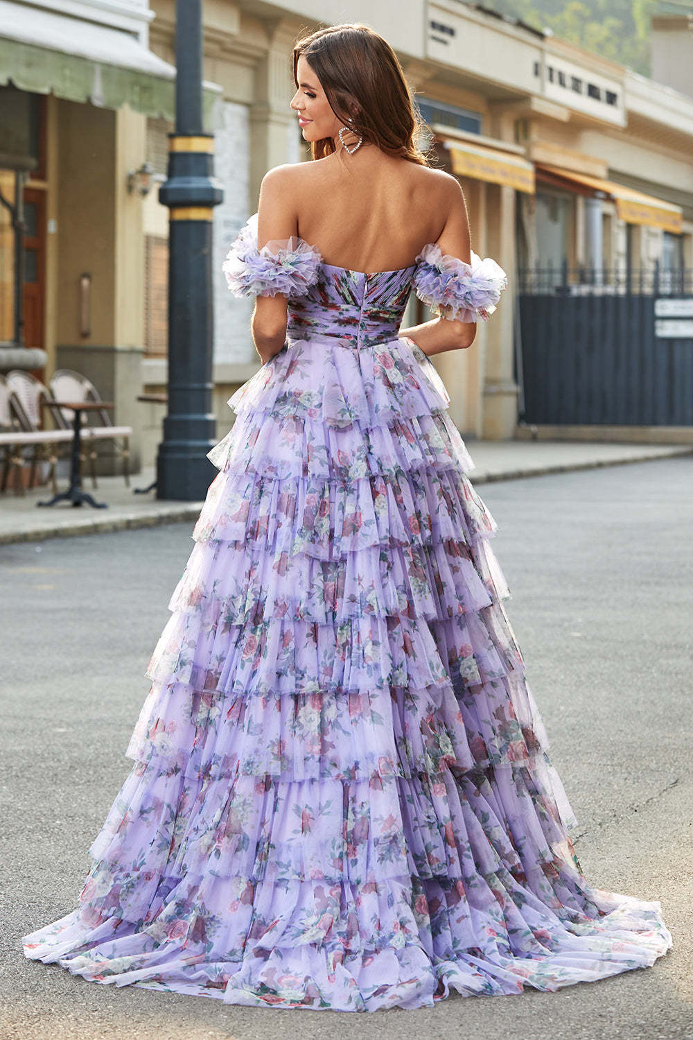 Lavender A Line Off the Shoulder Printed Long Prom Dress With Ruffles