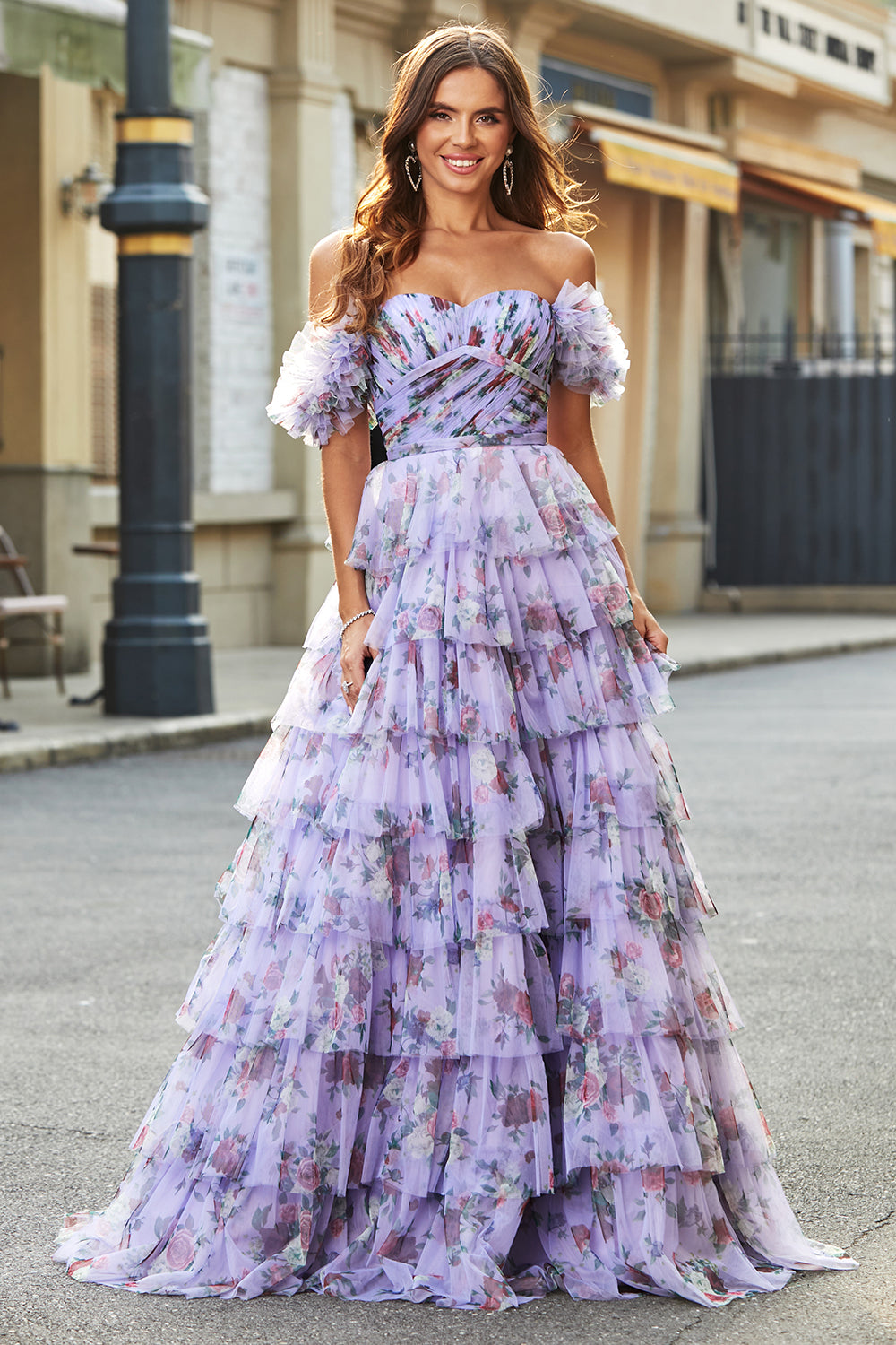 Leely Women Lavender Long Prom Dress With Ruffles A Line Off the Shoulder Printed Formal Dress