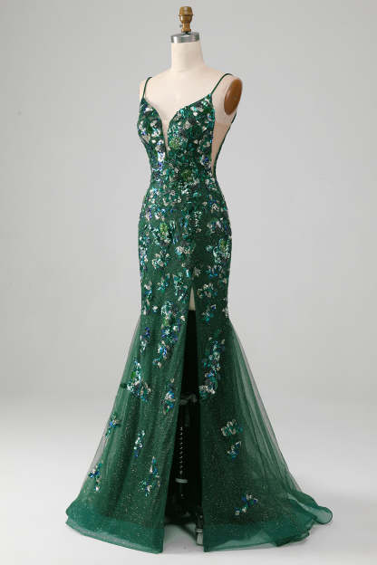 Mermaid Lace-Up Back Dark Green Prom Dress with Appliques