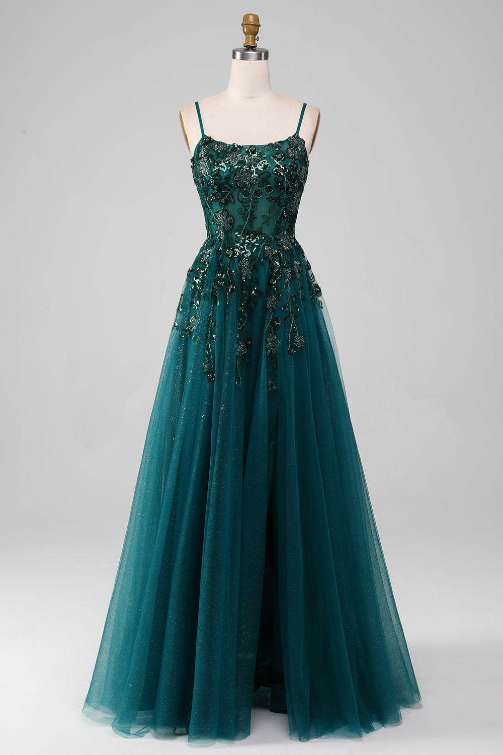 Leely Women Dark Green Prom Dress Tulle Spaghetti Straps A Line Evening Dress with Slit