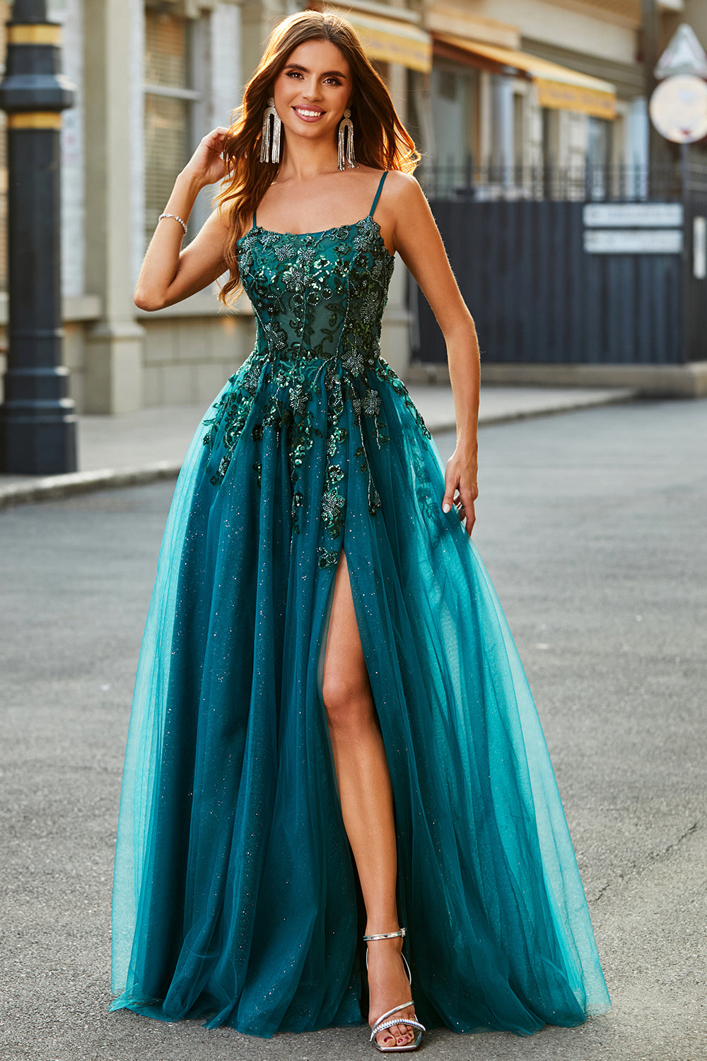 Leely Women Dark Green Long Appliqued Prom Dress With Slit Spaghetti Straps A Line Formal Dress
