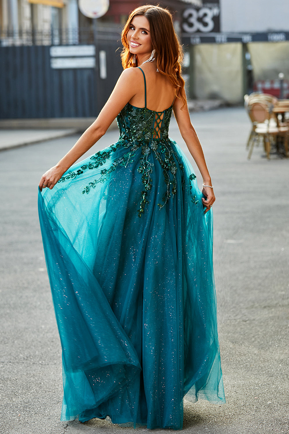 Dark Green Spaghetti Straps A Line Long Appliqued Prom Dress With Slit