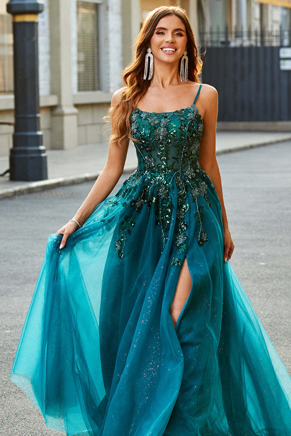 Dark Green Spaghetti Straps A Line Long Appliqued Prom Dress With Slit