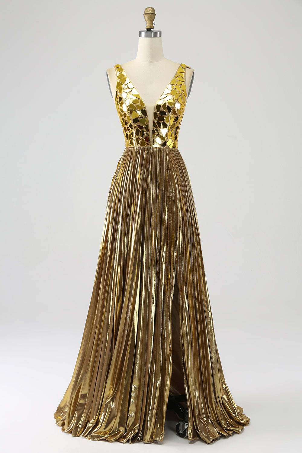 Leely Women Sparkly Golden Long Prom Dress A Line V Neck Formal Dress With Slit