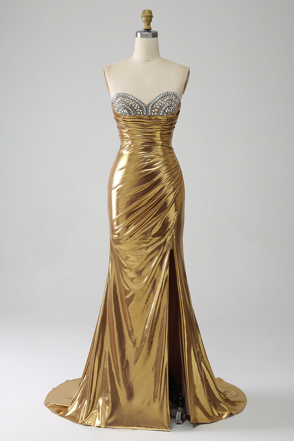 Leely Women Golden Mermaid Strapless Long Prom Dress with Slit
