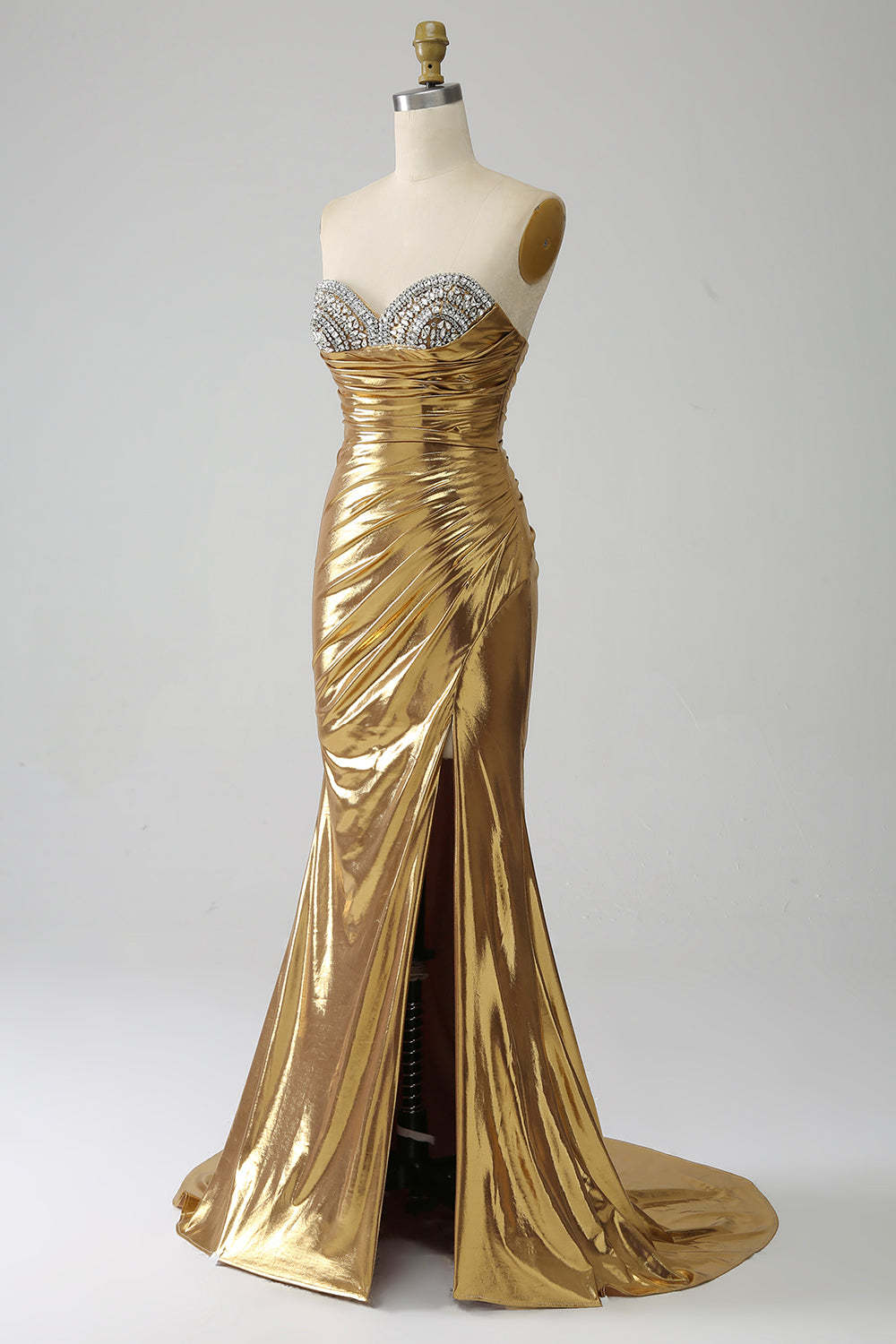 Golden Mermaid Strapless Long Prom Dress with Slit