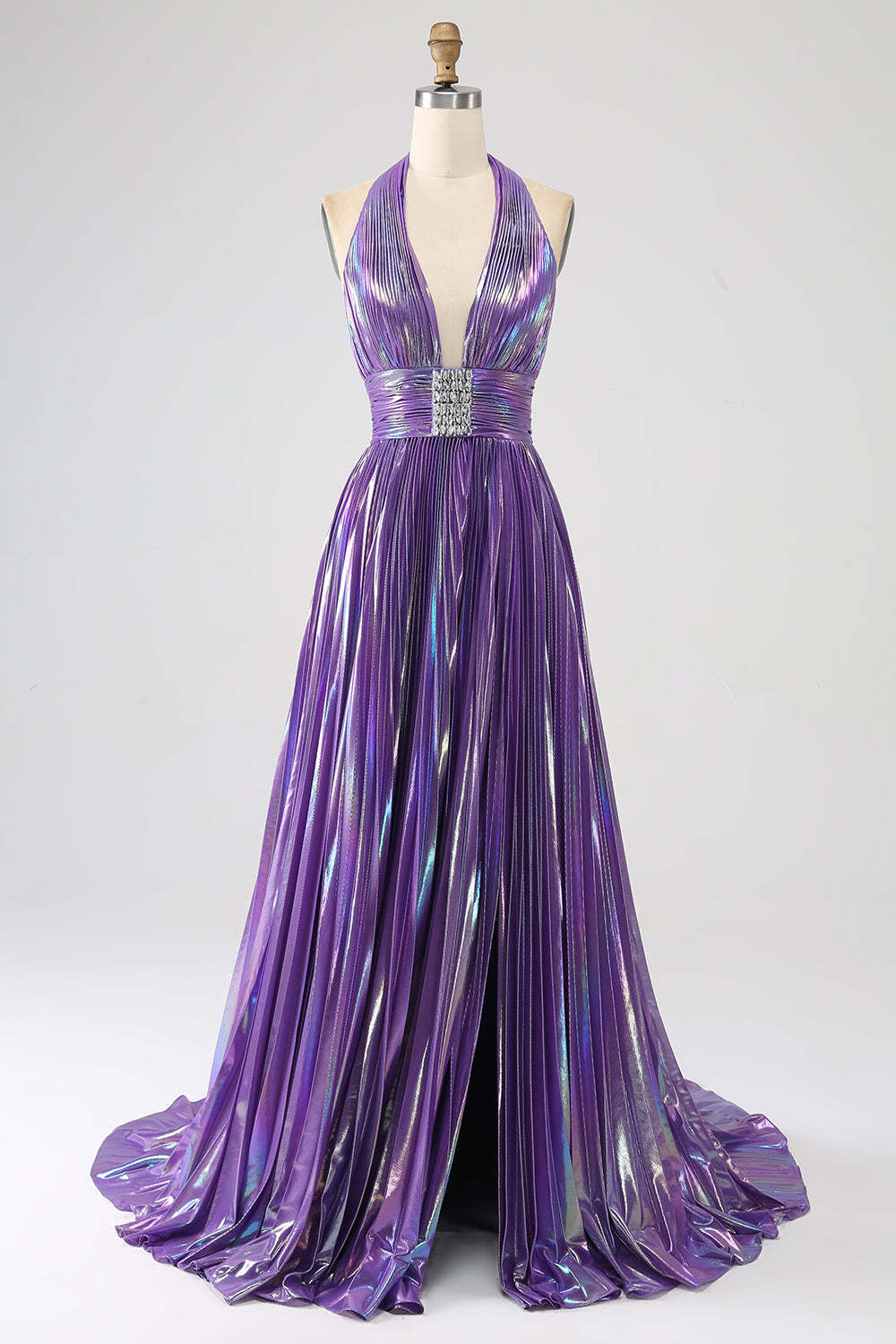 Leely Women Glitter Purple Pleated Metallic Long Prom Dress with Slit Halter Backless Formal Dress