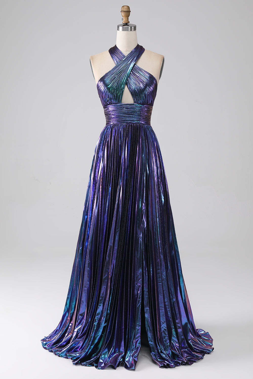 Sparkly Dark Purple Halter A Line Long Prom Dress With Pleated