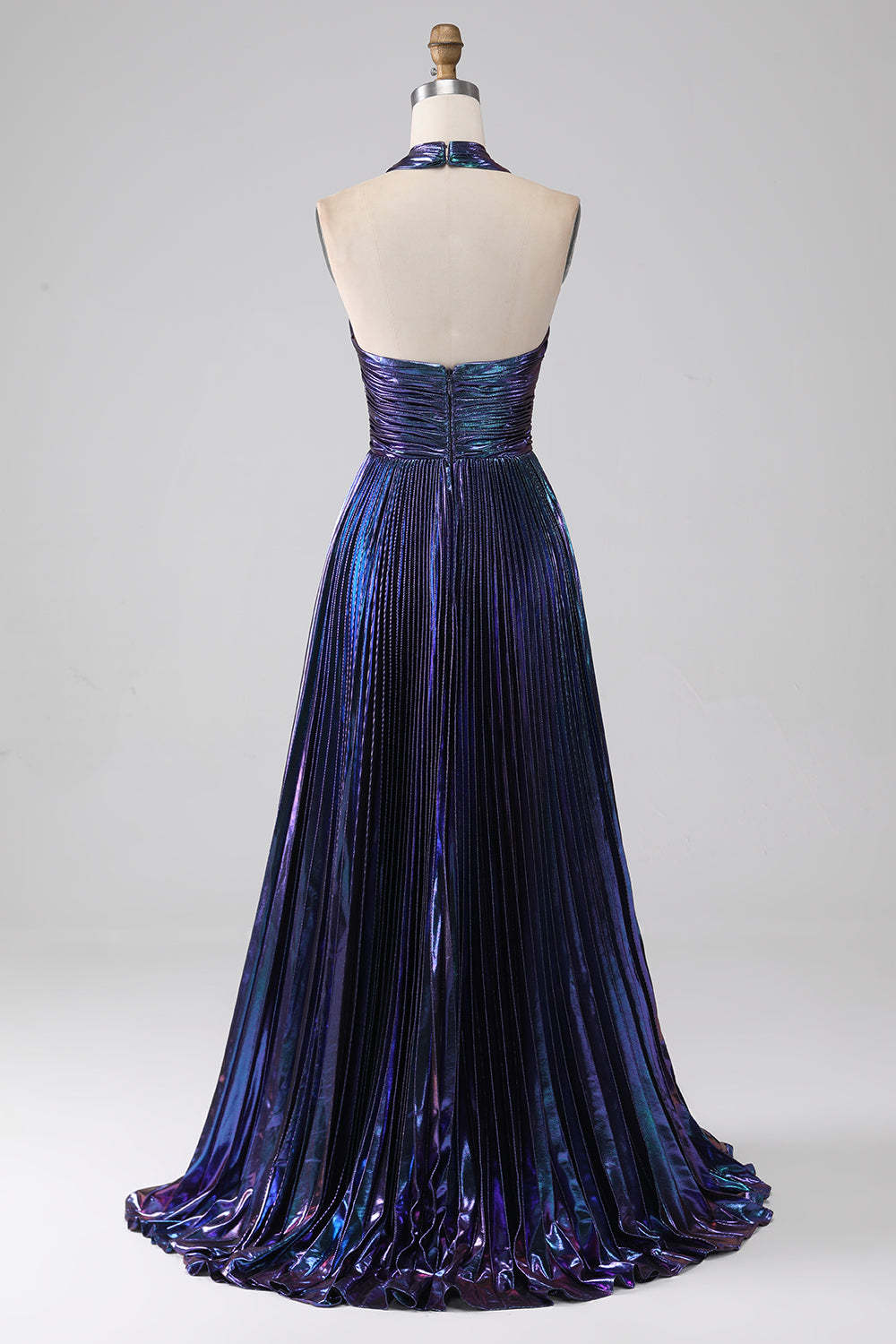 Sparkly Dark Purple Halter A Line Long Prom Dress With Pleated