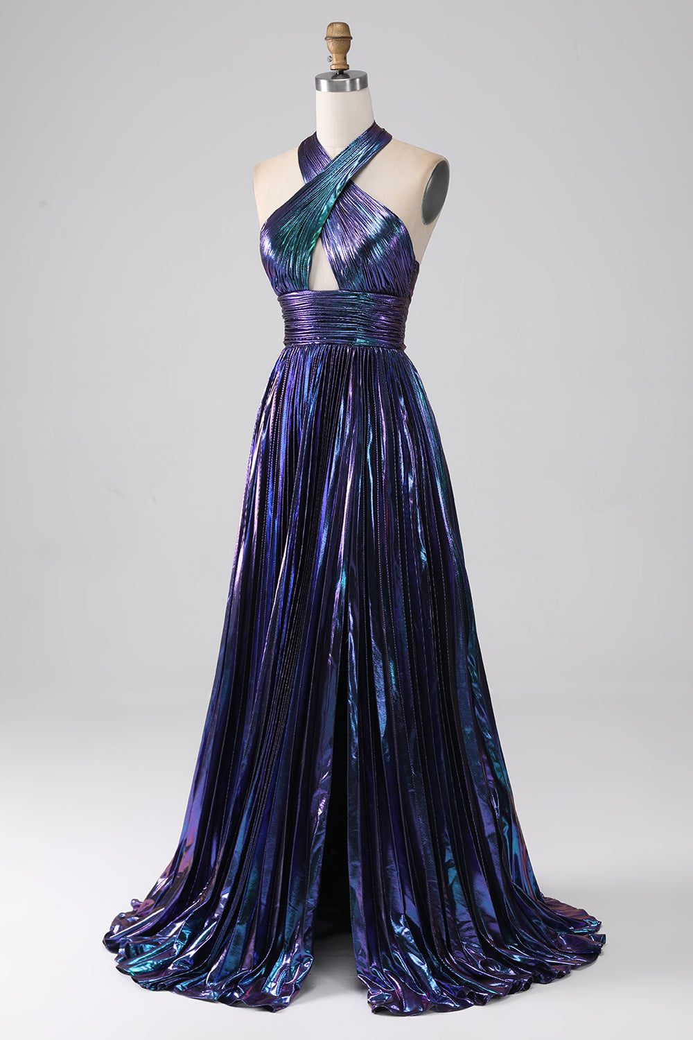 Sparkly Dark Purple Halter A Line Long Prom Dress With Pleated