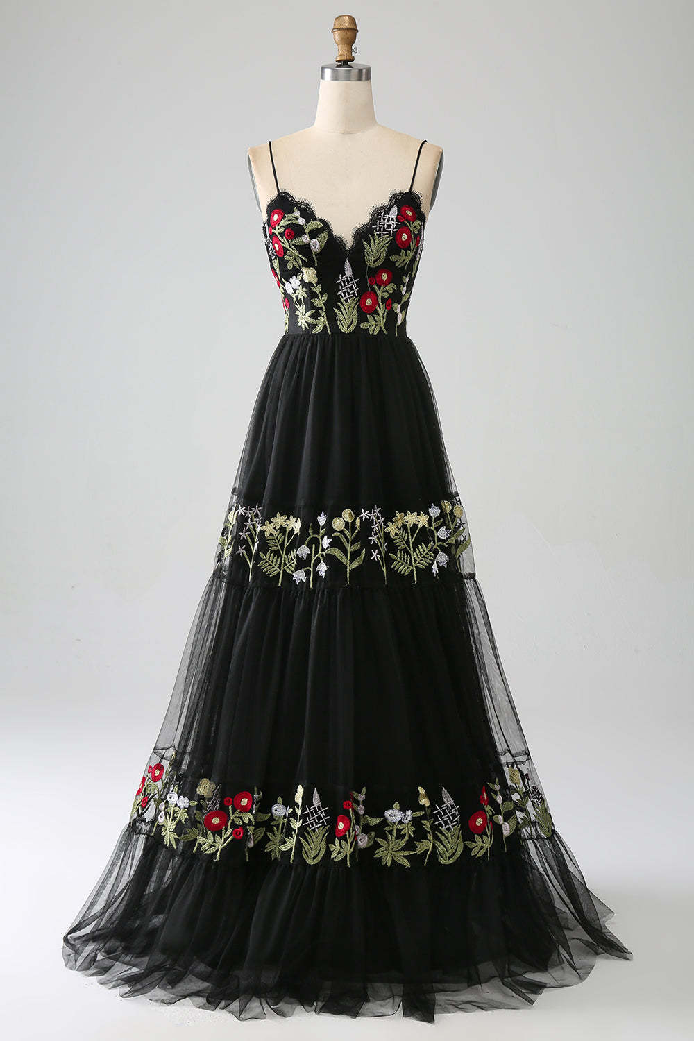 Leely Women Black Tulle Long Corset Prom Dress A-Line Spaghetti Straps Embroidered Formal Dress
