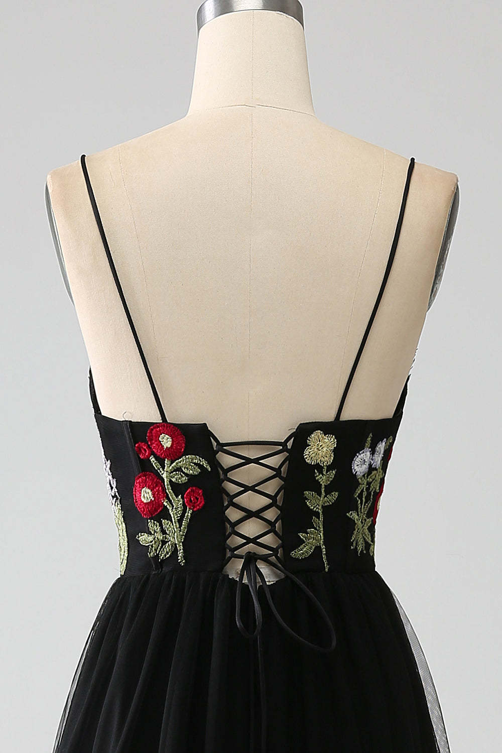 Black A-Line Spaghetti Straps Embroidered Long Corset Prom Dress