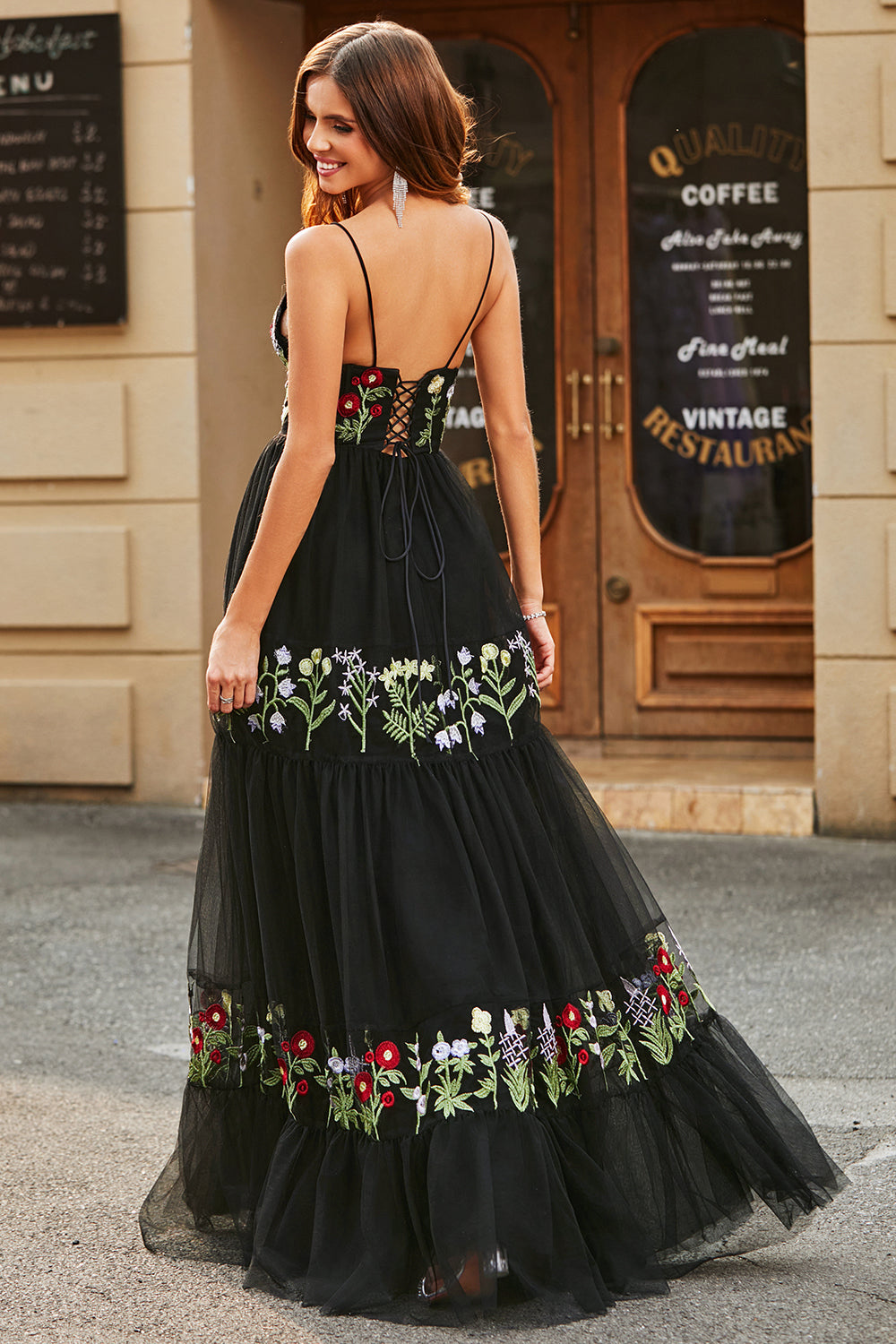 Gorgeous Black A Line Spaghetti Straps Long Prom Dress With Embroidery