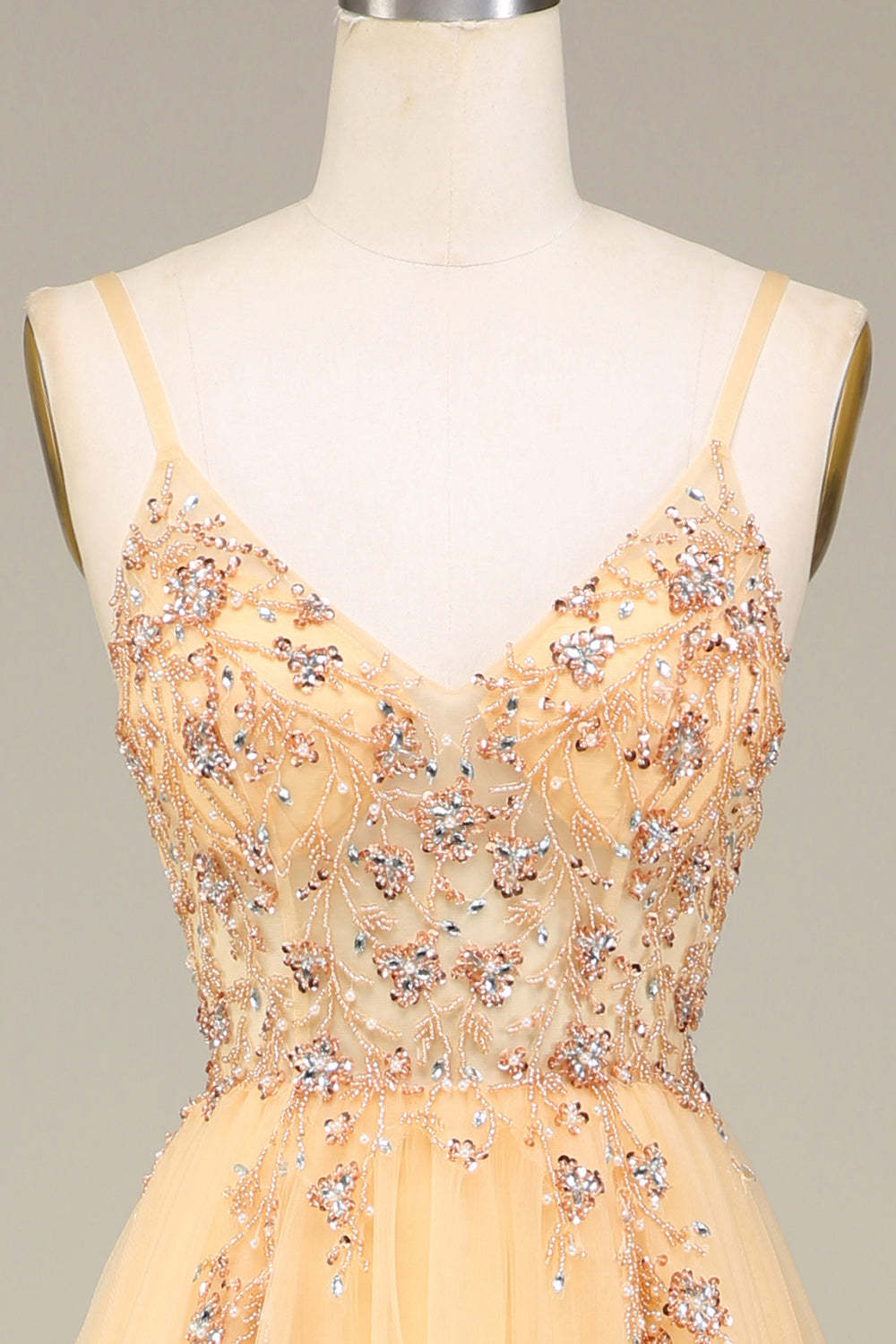 Spaghetti Straps Corset Beading A-Line Tulle Long Prom Dress with Slit