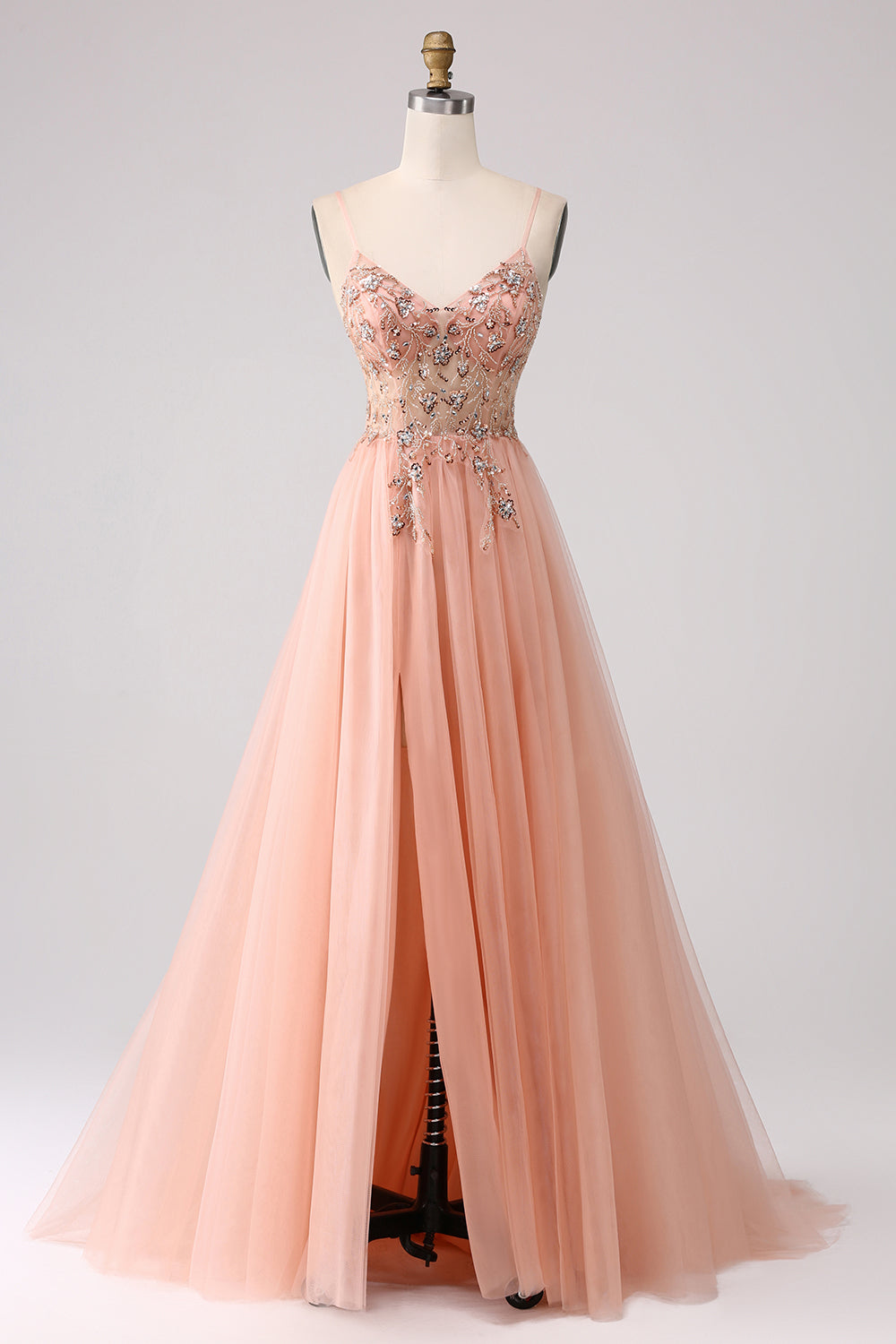 Spaghetti Straps Corset Beading A-Line Tulle Long Prom Dress with Slit