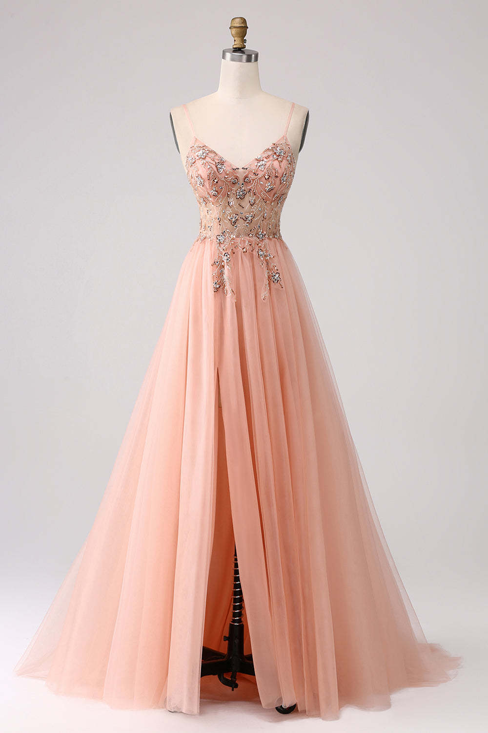 Leely Blush Spaghetti Straps Corset Beading A-Line Tulle Long Prom Dress with Slit