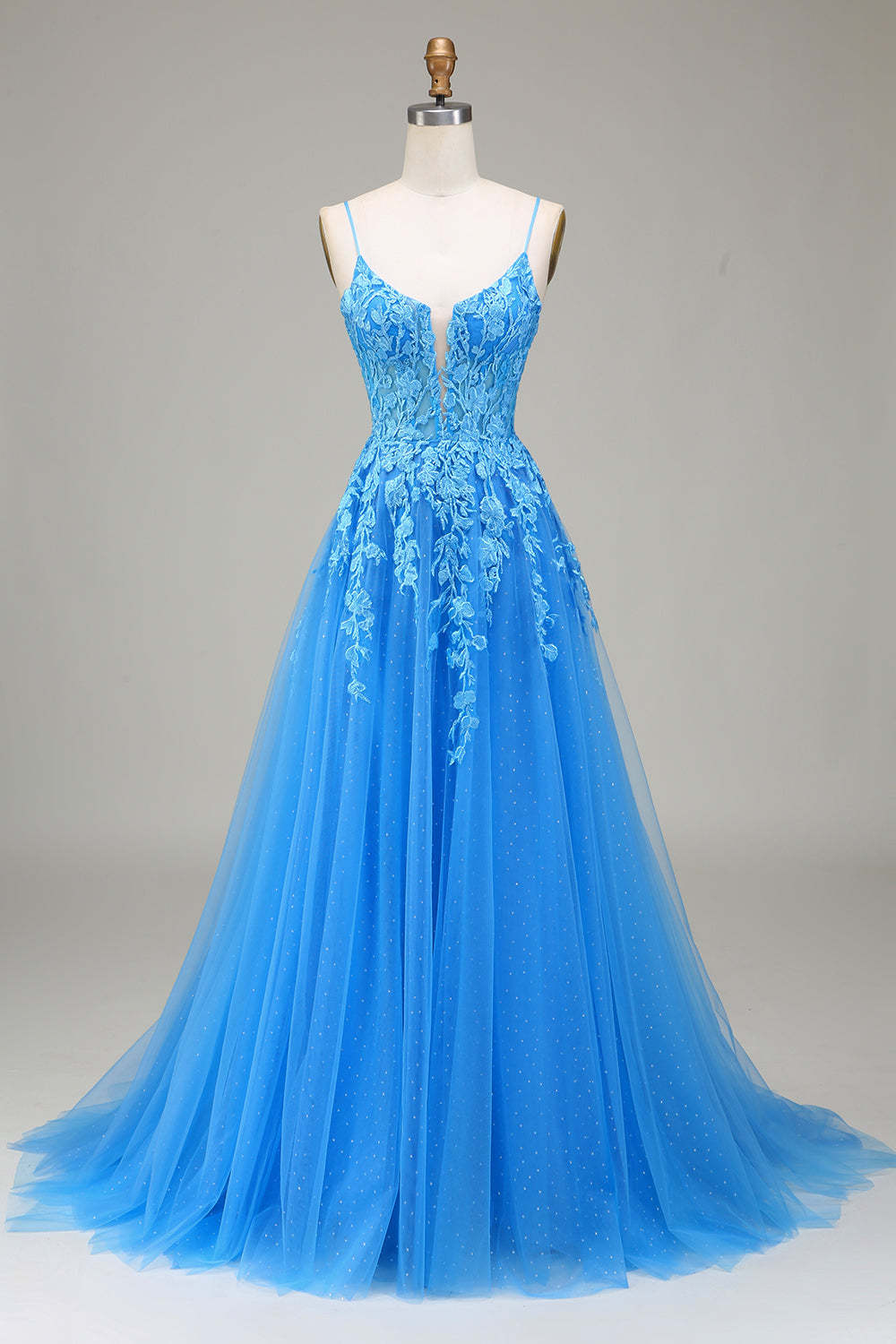 Leely Women Blue Prom Dress A-Line Spaghetti Straps Tulle Evening Dress With Appliques