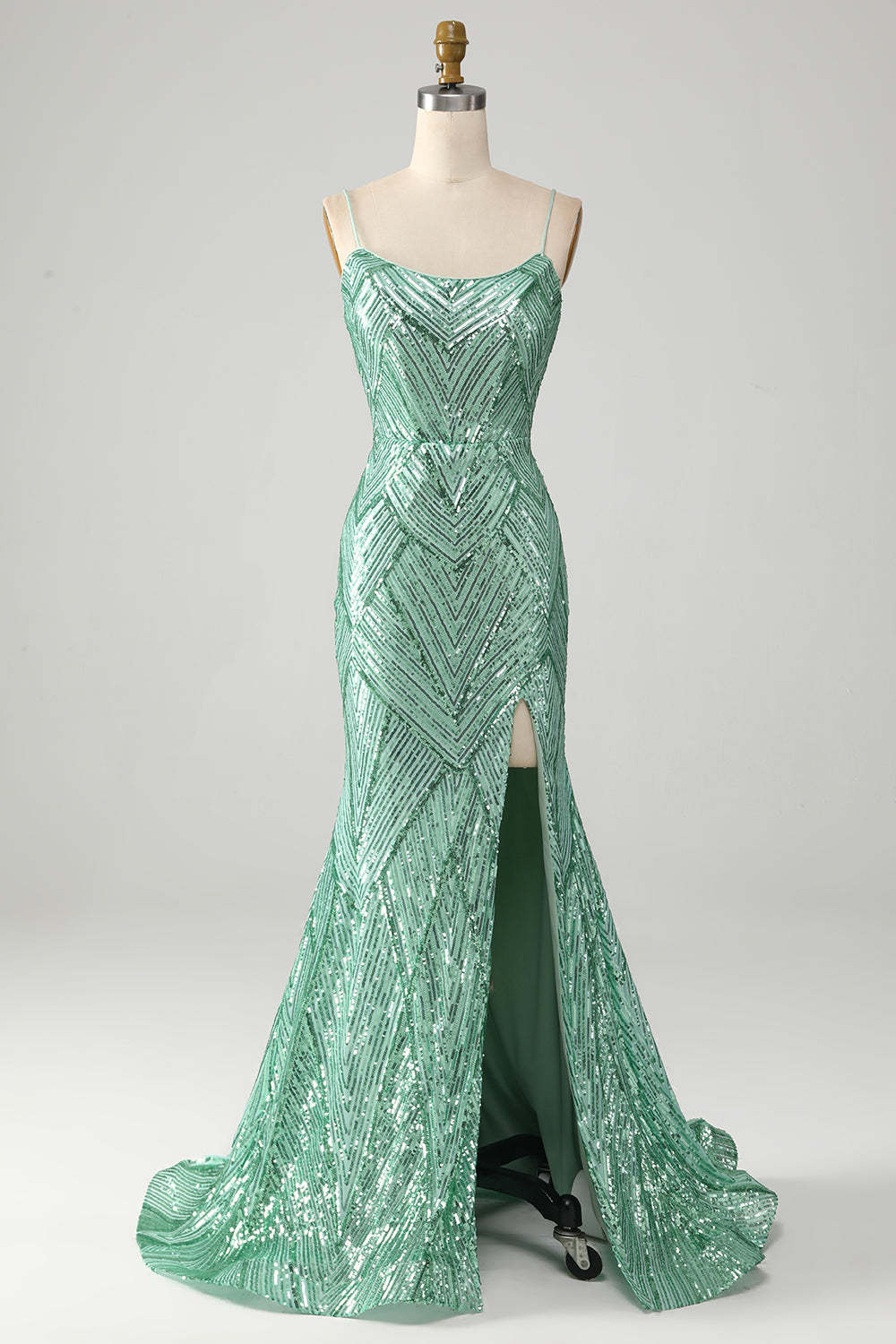 Leely Women Sparkly Green Mermaid Long Sequins Prom Dress with Slit Spaghetti Straps Lace-Up Back Formal Dress