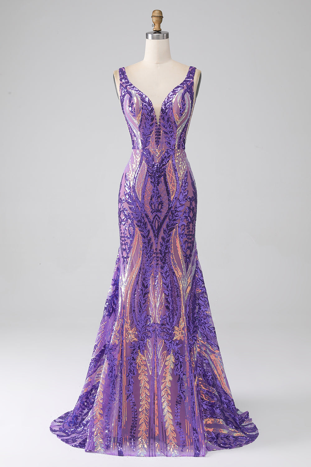 Leely Women Dark Purple Mermaid V Neck Sequins Long Prom Dress