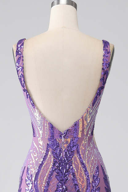 Dark Purple Mermaid V Neck Sequins Long Prom Dress