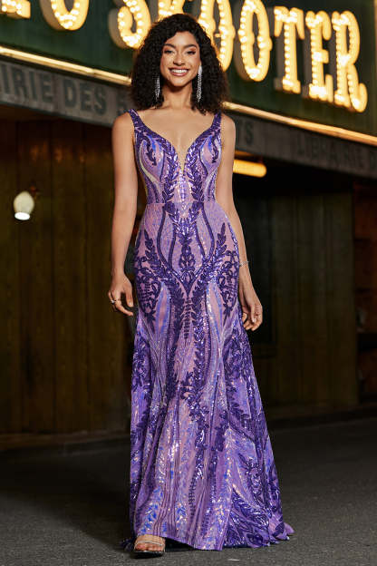 Sparkly Dark Purple Sequins Mermaid Backless Long Prom Dress