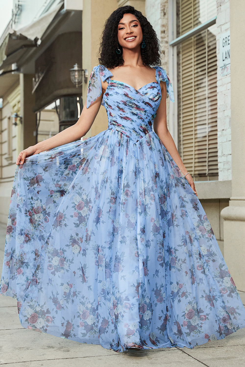 Blue A Line Printed Adjustable Straps Long Prom Dress