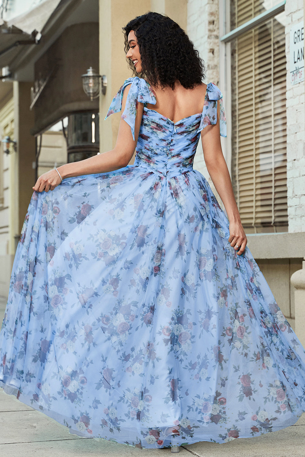 Blue A Line Printed Adjustable Straps Long Prom Dress