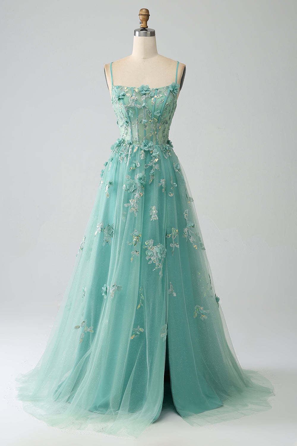 Leely Women Green A-Line Spaghetti Straps Long Corset Prom Dress with Appliques