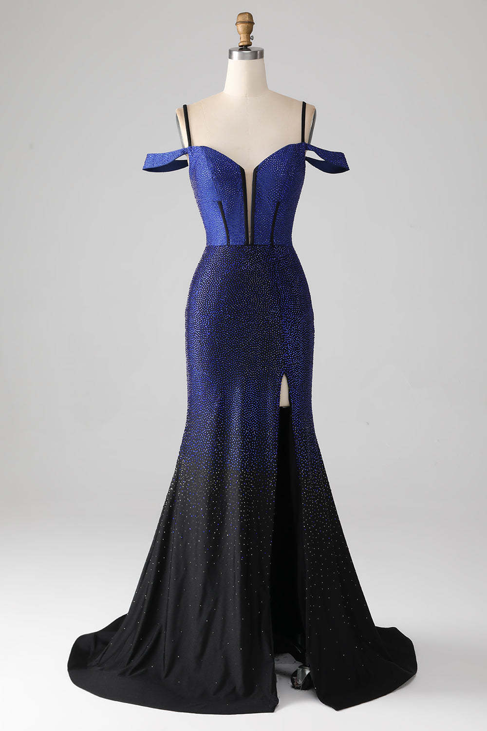 Leely Women Sparkly Navy Mermaid Long Corset Prom Dress with Slit