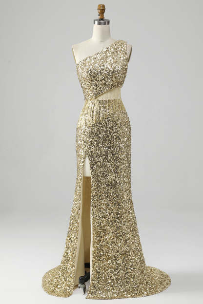 Leely Women Golden Prom Dress One Shoulder Fringe Sequin Evening Dress With Slit