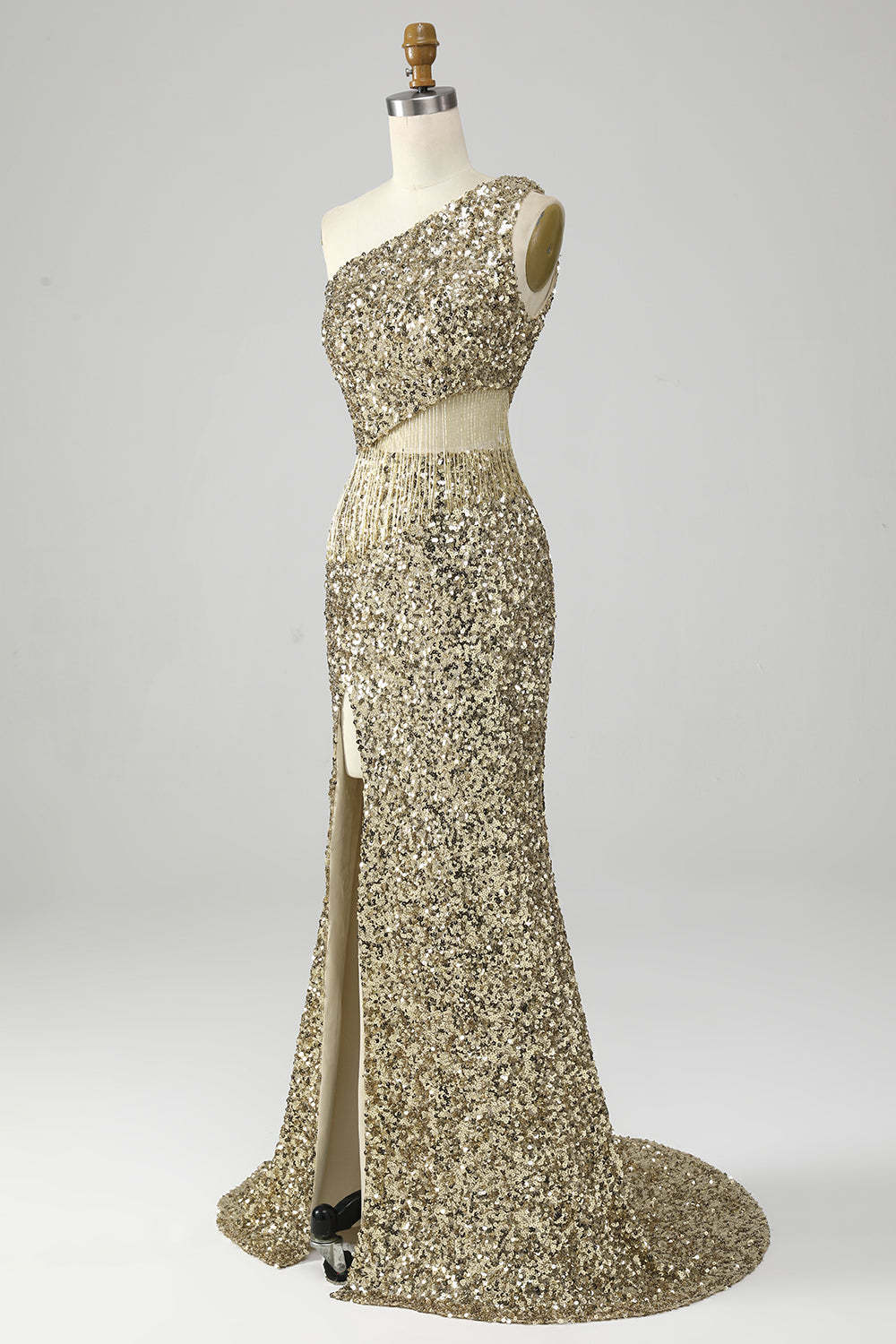 Golden One Shoulder Fringe Sequin Prom Dress With Slit