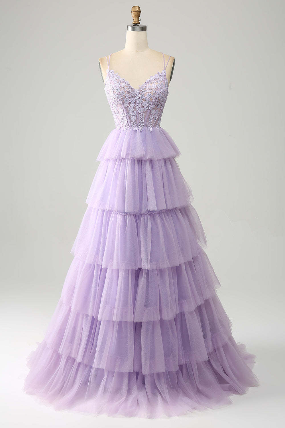 Leely Women Lilac Tulle Tiered Princess Corset Prom Dress with Appliques A Line Evening Party Dress