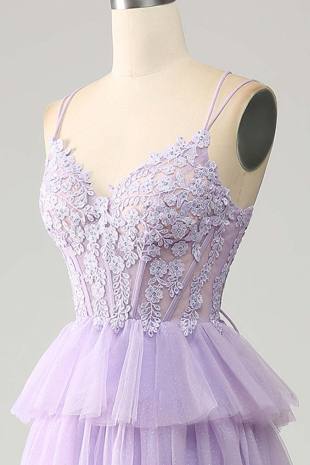 Lilac Tulle Tiered Princess Corset Prom Dress with Appliques