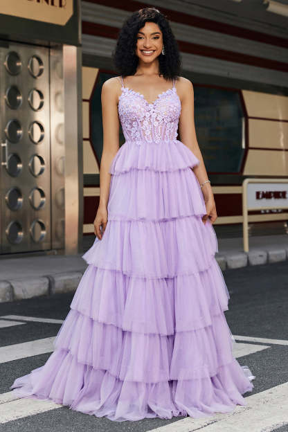 Lilac Princess A Line Spaghetti Straps Long Corset Prom Dress With Appliques Ruffles